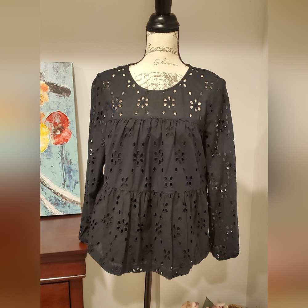 J.Crew Women Black Embroidered Long Sleeve Round Neck Blouse S.